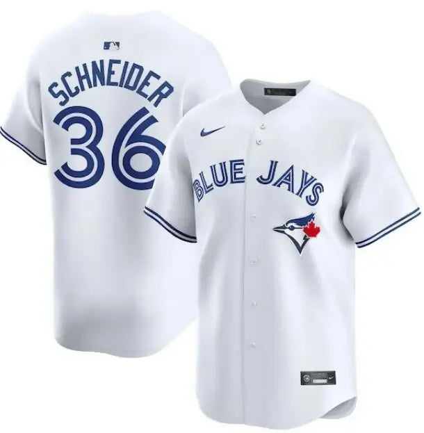 White Blue Jays baseball jersey featuring Davis Schneider Nike Home Limited Player design
