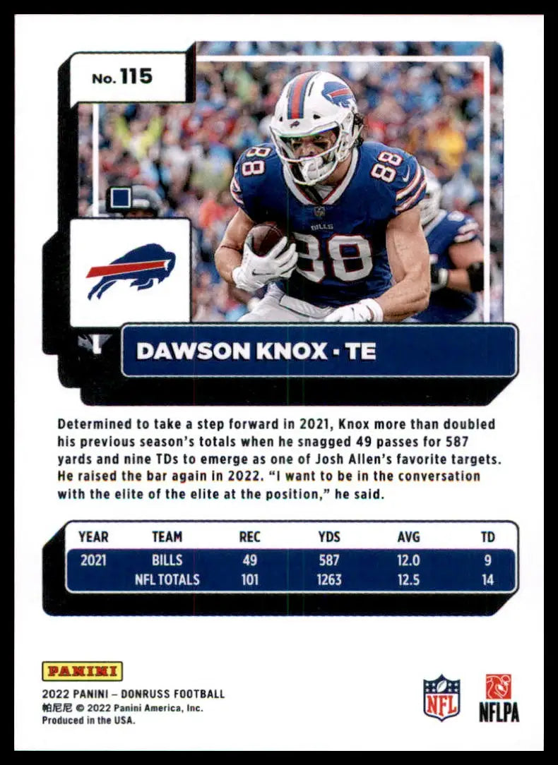 Dawson Knox football card from 2022 Donruss featuring Buffalo Bills player