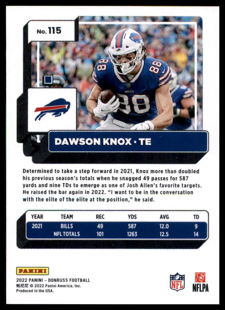 Dawson Knox football card from 2022 Donruss series featuring Buffalo Bills player
