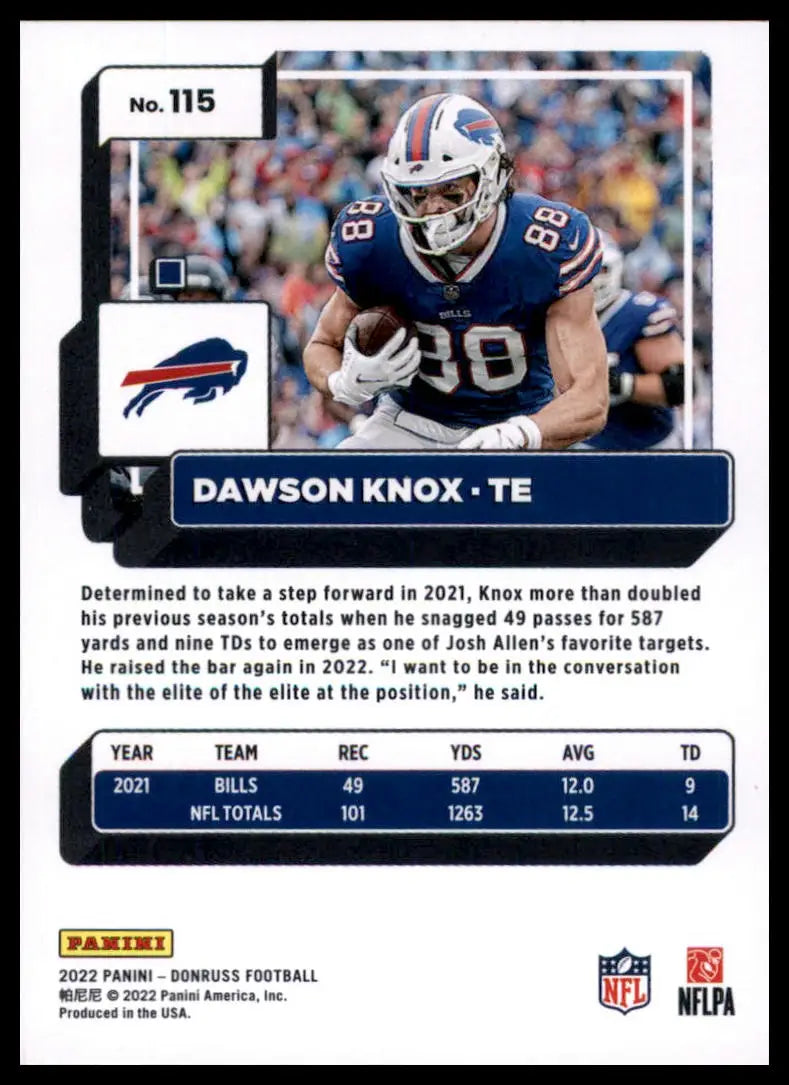 Dawson Knox 2022 Donruss football card showcasing Dawson Knox Buffalo Bills player