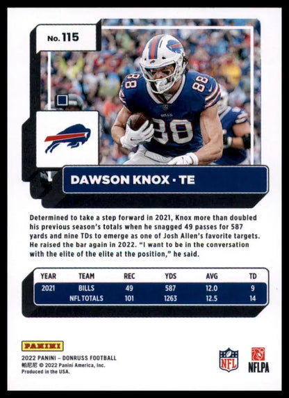 Dawson Knox 2022 Donruss football card showcasing Dawson Knox Buffalo Bills player