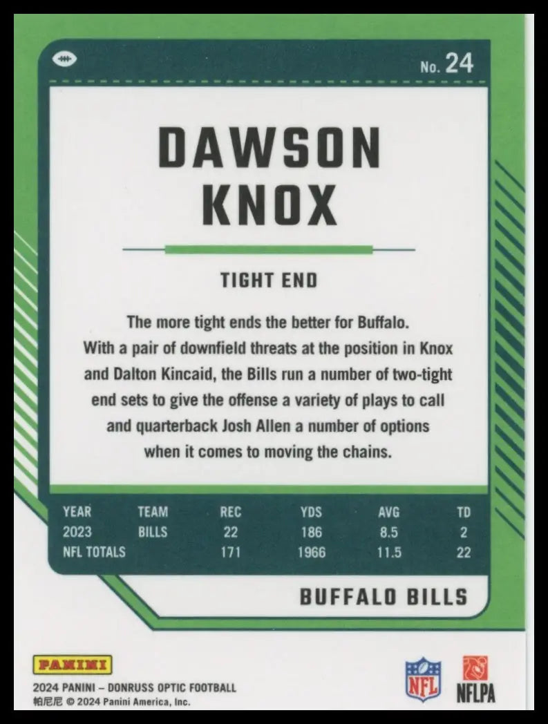 Dawson Knox 2024 Donruss Optic NFL trading card with player stats and team info
