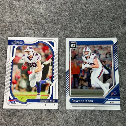 Two Dawson Knox Buffalo Bills football cards from 2022 to 2024 NFL Panini collection