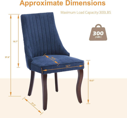 Linen Dining Chairs Set of 4,Comfy Fabric Upholstered Accent Chairs for Kitchen Living Room,Channel Tufted Dining Room Chairs with Curved Solid Wood Legs(Blue)-2