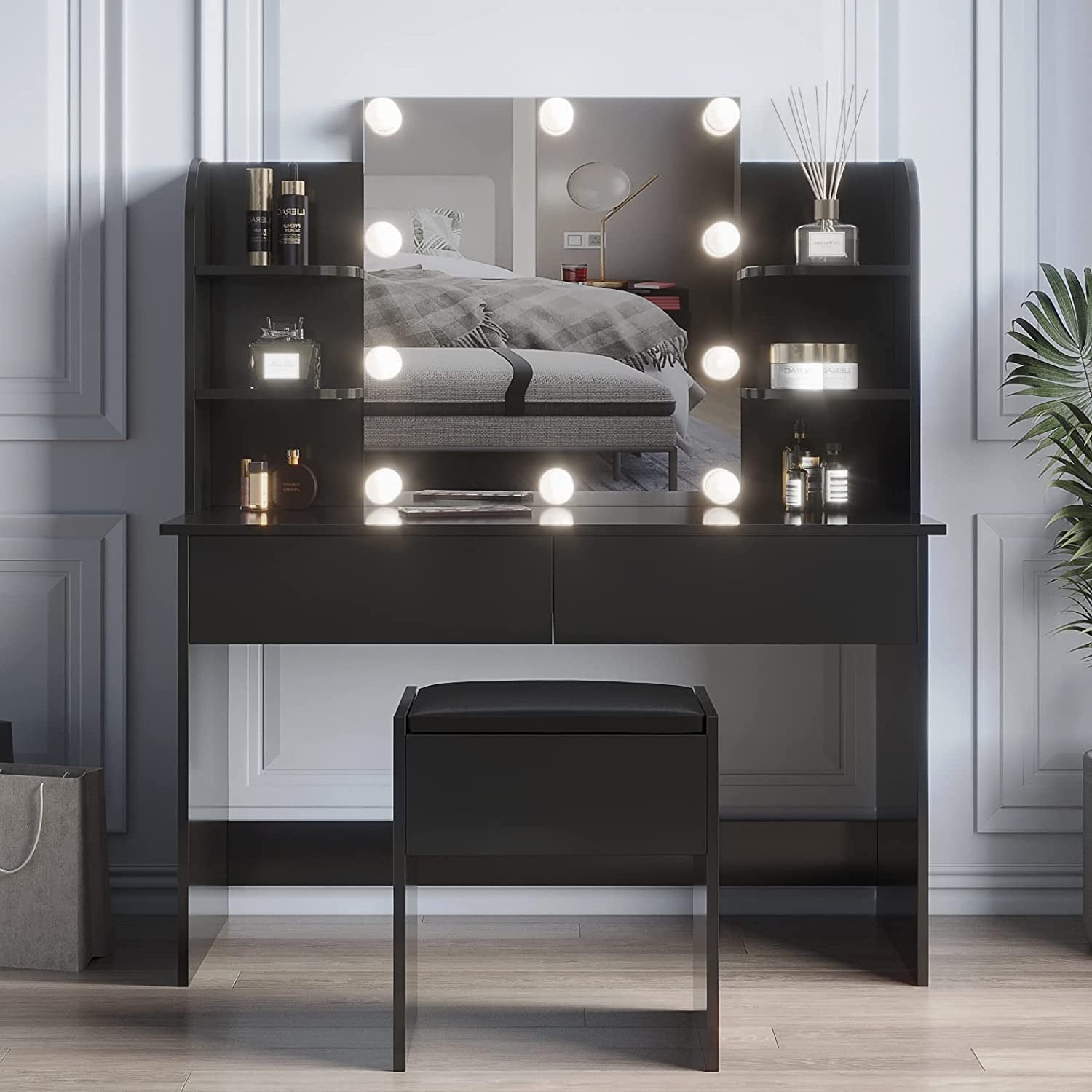 Large Vanity Set with 10 Lights Bulbs, 2 Drawers (Black)-1