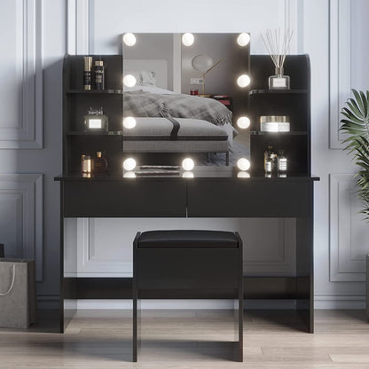 Large Vanity Set with 10 Lights Bulbs, 2 Drawers (Black)-1