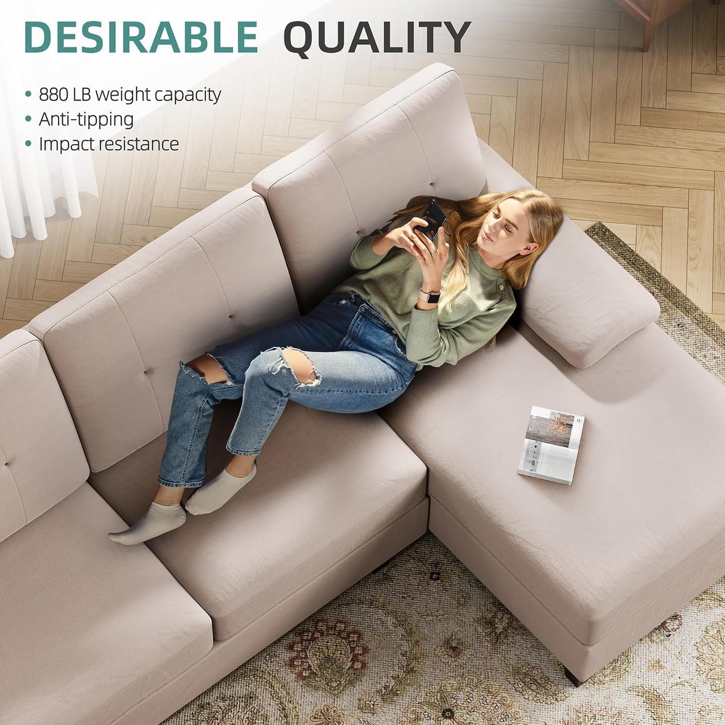 Sectional Sofa Couches for Living Room, U Shaped Sofa Living Room Furniture Sets, 4 Seat U Shaped Sofa Sectional Couch with Chaise, Dark Beige-2