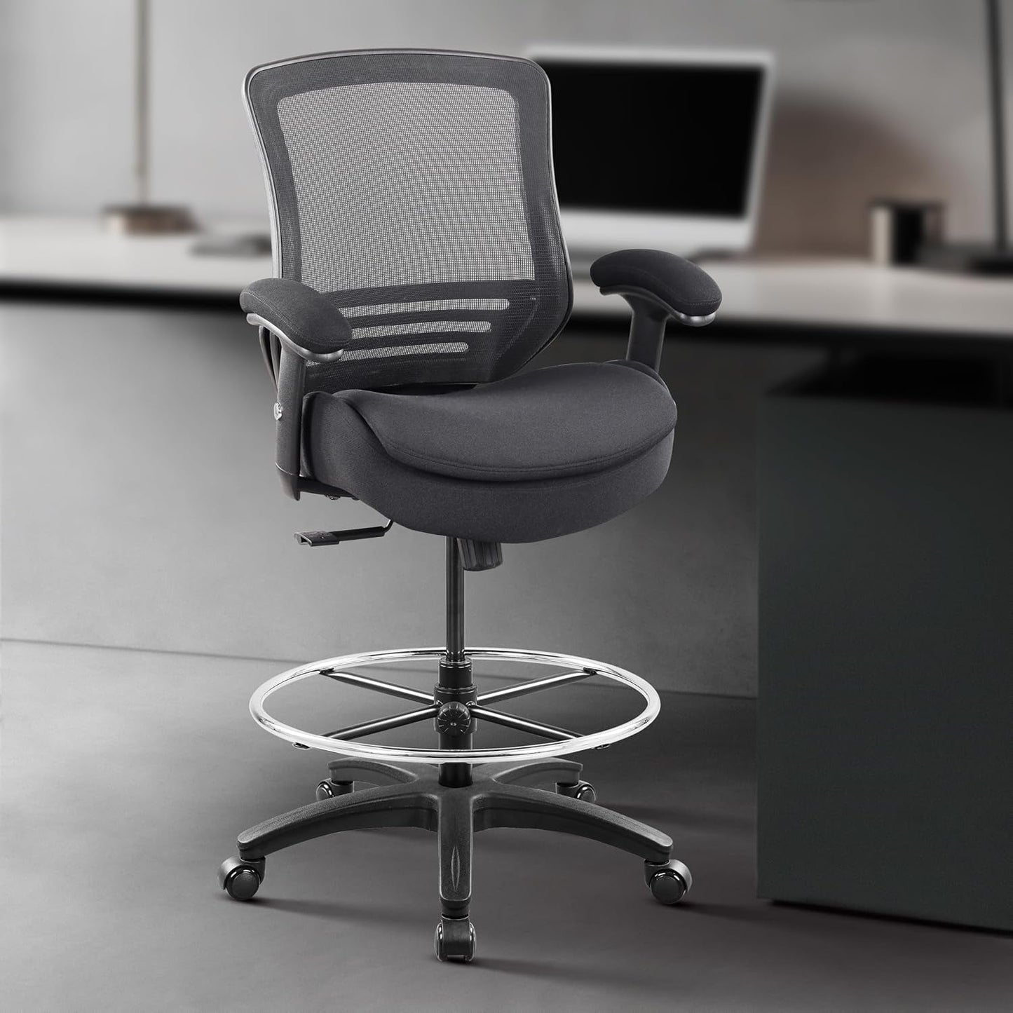 400Lbs Mid Back Mesh Ergonomic Drafting Chair Big Adjustable Foot Ring Height Adjustable Armrest (Black) ﻿-4