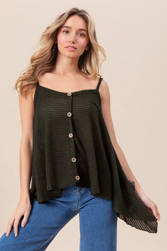 BiBi Popcorn Waffle Knit with Buttoned Front Cami Top