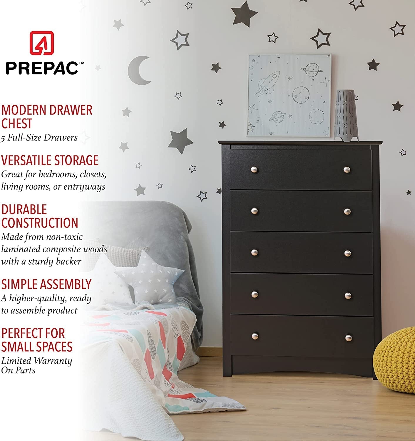 Sonoma 5-Drawer Chest for Bedroom in Black-4