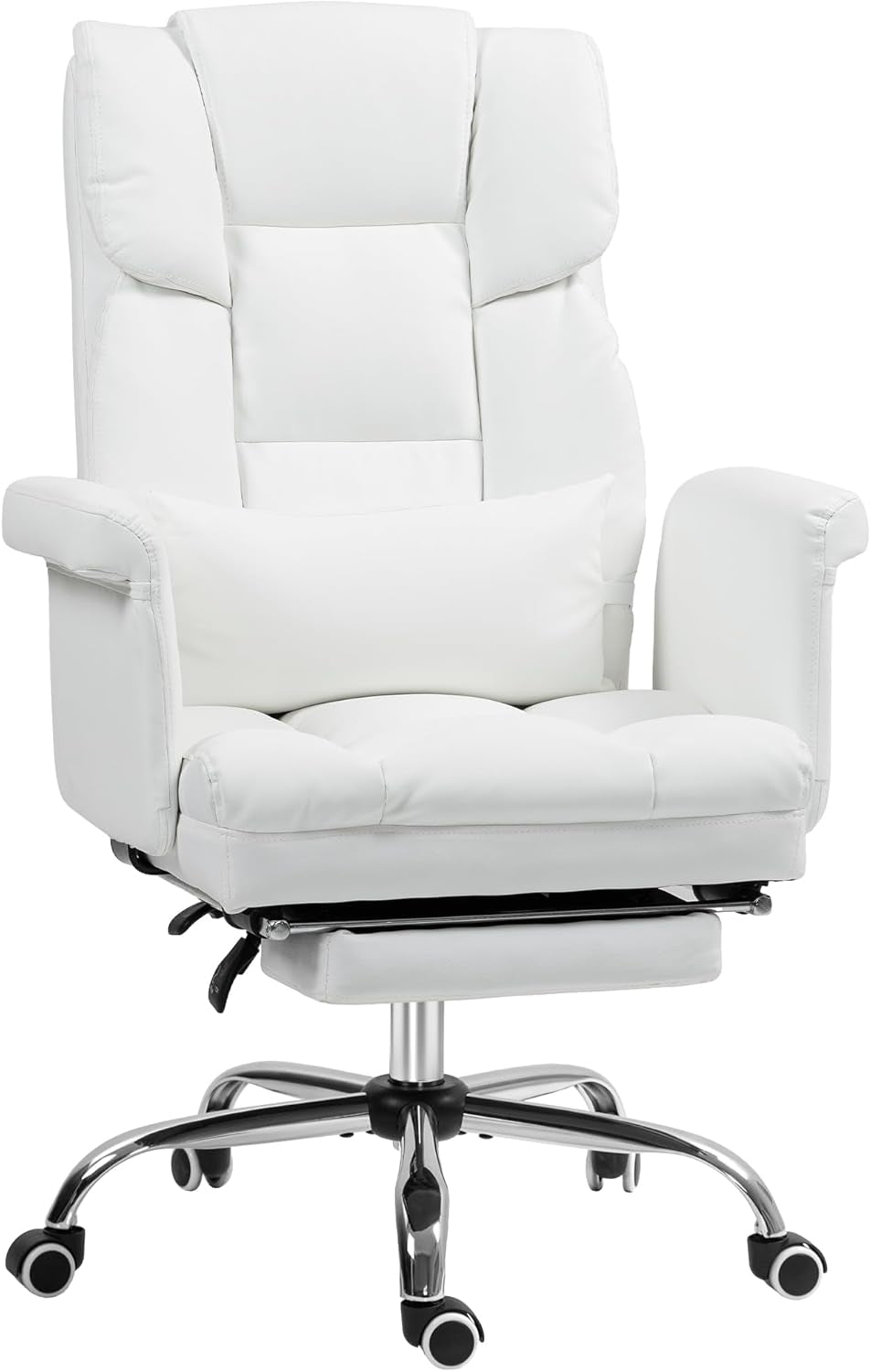 Executive Office Chair with Footrest and Lumbar Support, PU Leather Ergonomic Office Desk Chair, Reclining and Swivel Chair, White-0