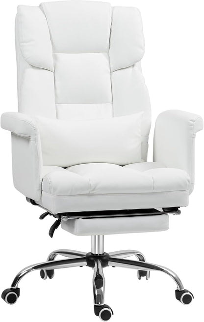 Executive Office Chair with Footrest and Lumbar Support, PU Leather Ergonomic Office Desk Chair, Reclining and Swivel Chair, White-0