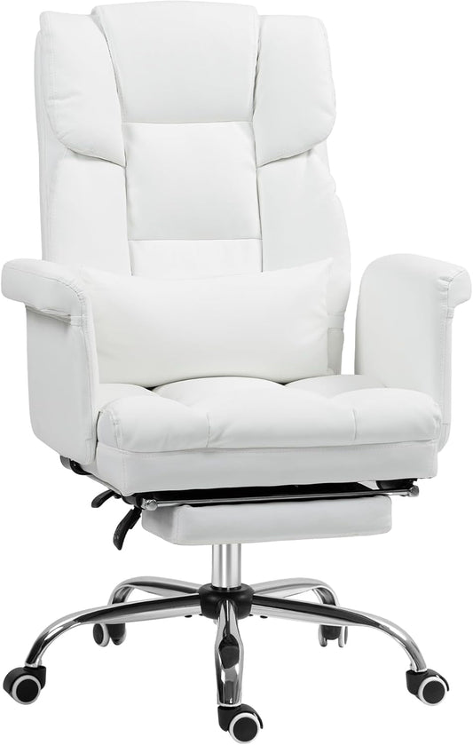 Executive Office Chair with Footrest and Lumbar Support, PU Leather Ergonomic Office Desk Chair, Reclining and Swivel Chair, White-0
