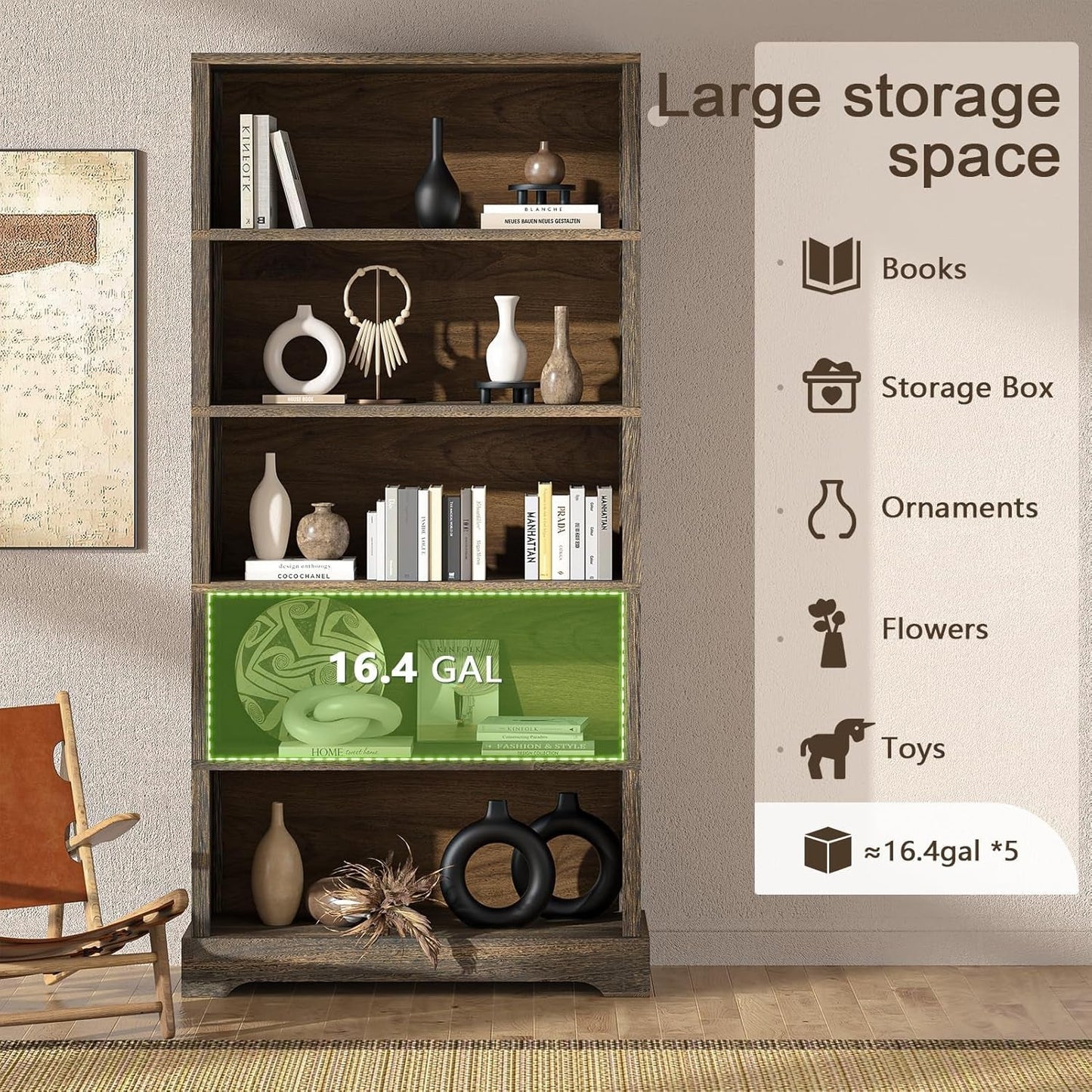 SixtyFiveInch Rustic Brown Solid Hardwood Bookshelf-4