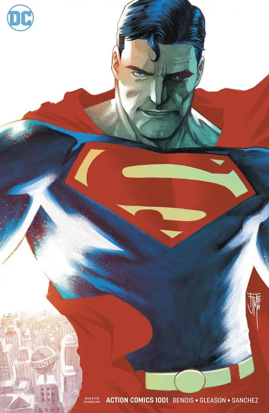 Superhero in blue suit with red cape and S symbol from Action Comics by Brian Michael