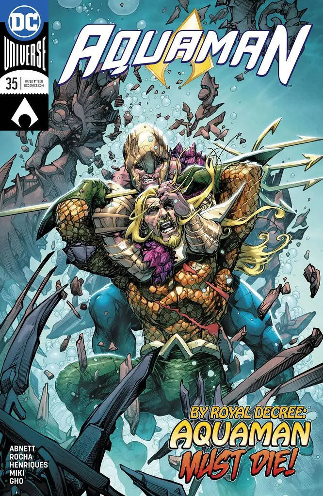 Comic book cover of DC Comics Aquaman #35 battling sea monsters underwater as trading cards