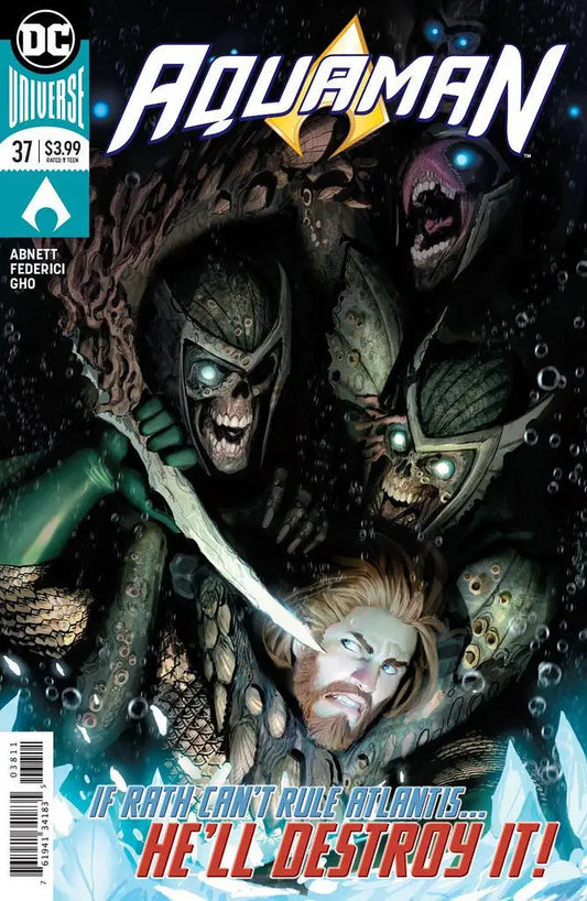 Comic book cover of Aquaman #38 featuring King Rath and monstrous underwater creatures