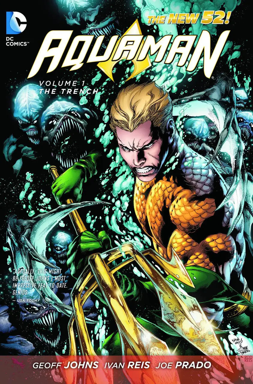 Comic book cover of Aquaman by Ivan Reis with sea creatures and golden trident