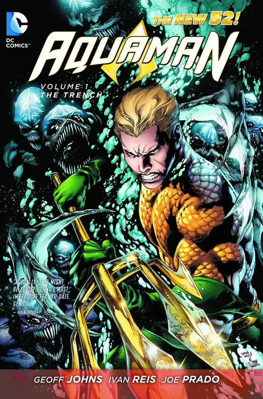 Comic book cover of Aquaman by Ivan Reis with sea creatures and golden trident