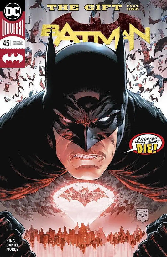 Comic book cover of DC Comics Batman #45 featuring Batman’s face and glowing bat symbol