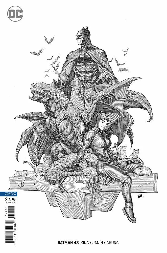 Black and white sketch of Batman, Catwoman, and a monstrous creature for trading cards