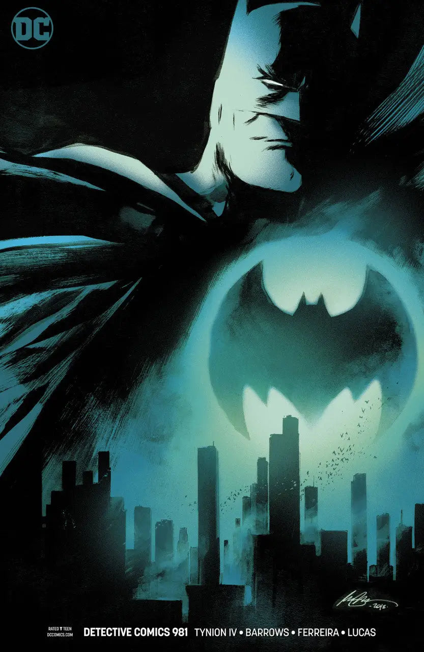 Silhouette of Batman with Bat-signal in cityscape from Detective Comics by Eddy Barrows