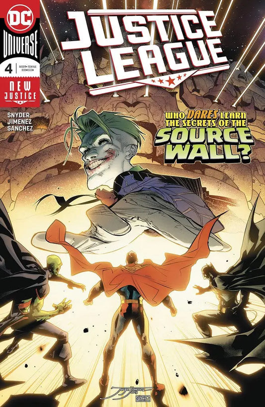 Comic book cover of DC Comics Justice League #4 featuring green-haired villain breaking wall