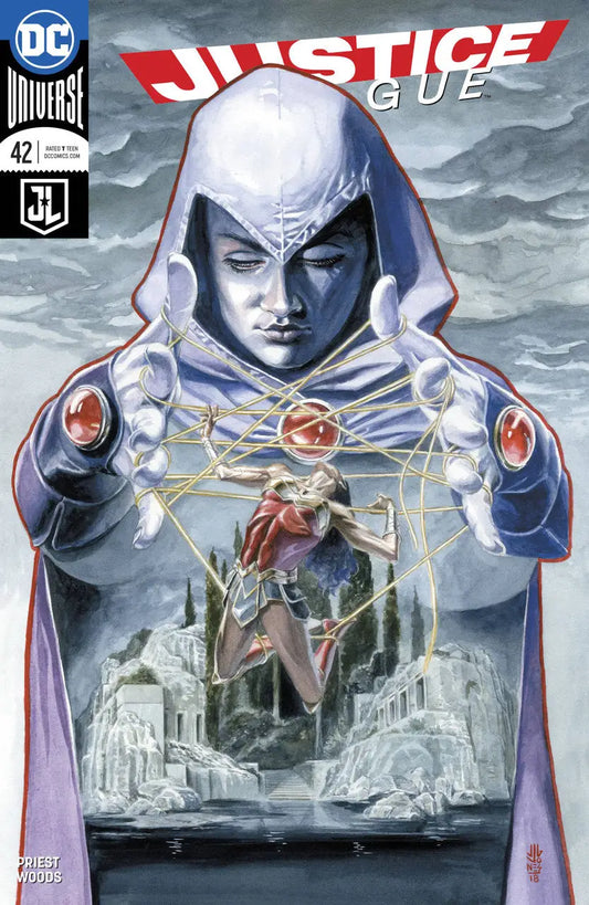 Comic book cover of Justice League #42 featuring a hooded figure with glowing eyes