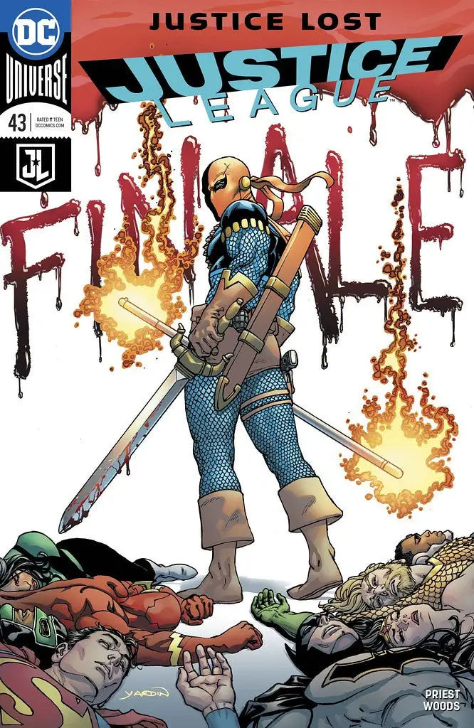 Comic book cover of Justice League #43 with a masked character and flaming swords