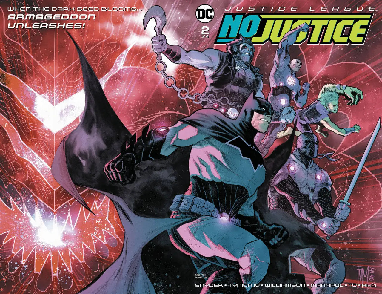 Comic book cover of Justice League featuring superheroes in action against red energy