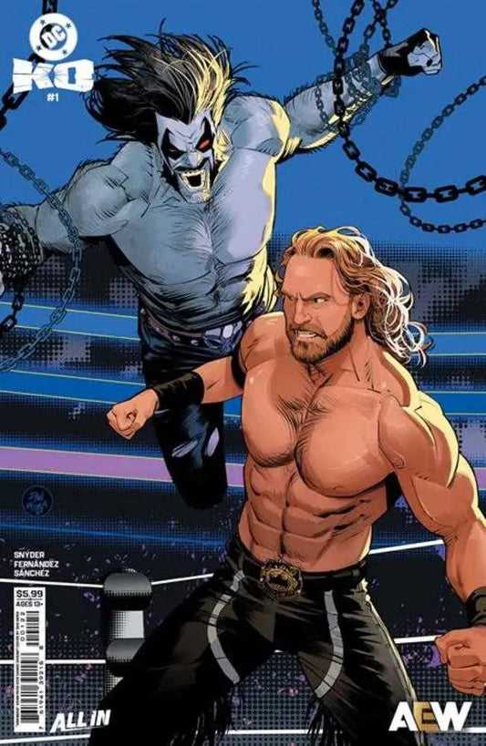 Comic book cover featuring muscular wrestlers with chains and blond beard by Dan Mora Hangman Adam
