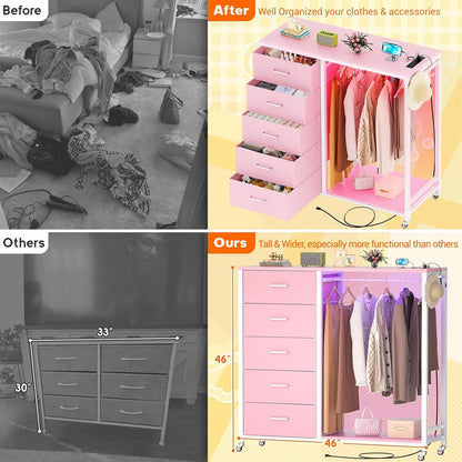 Dresser for Bedroom with Clothes Rack, 5 Drawers Dresser with Charging Station & LED Lights, Pink Storage Chest of Drawers with Wheels, Wooden Top, Lockable Wheels, Bedroom, Closet, Pink-4