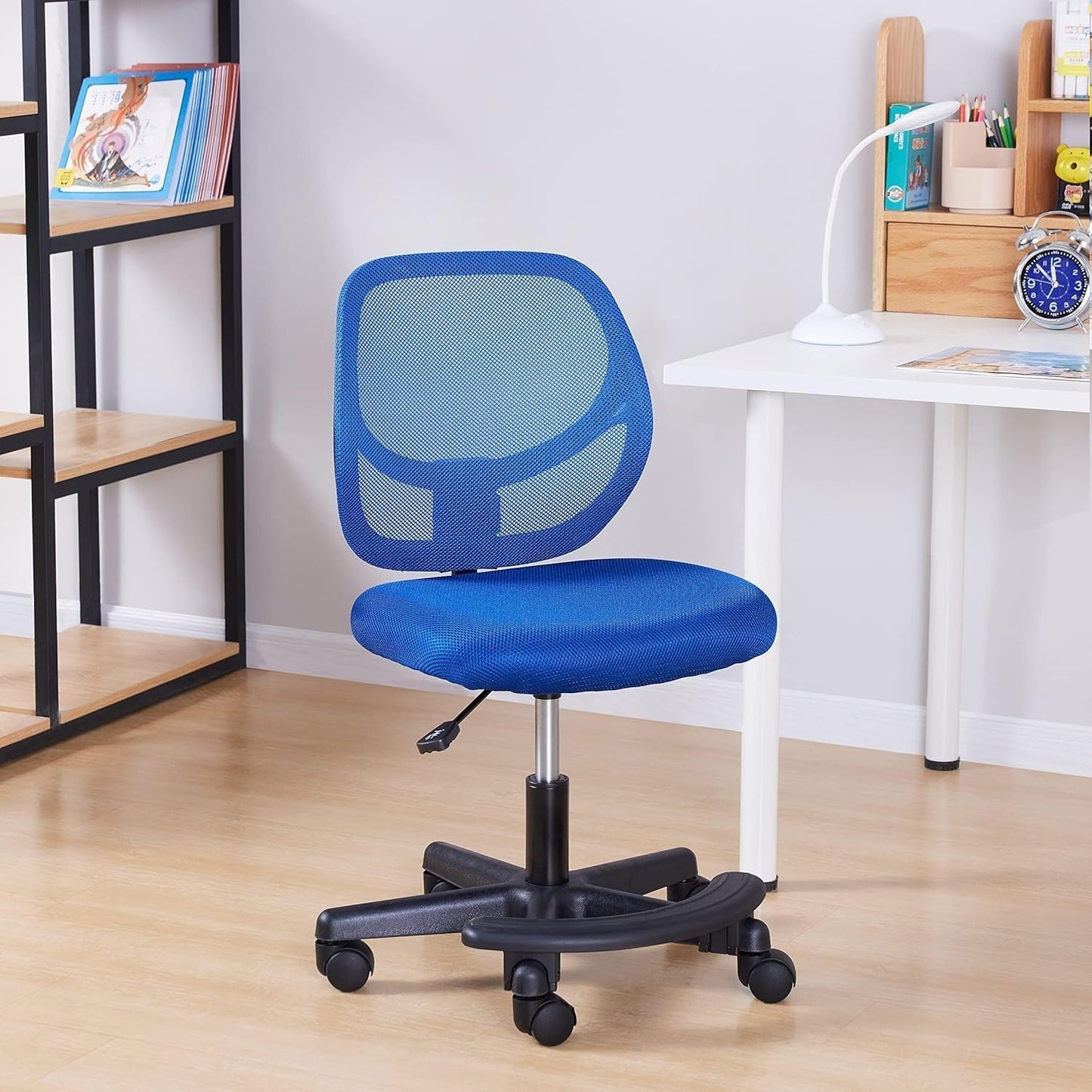 Kids Adjustable Mesh Low-Back Swivel Study Desk Chair with Footrest, Blue-1