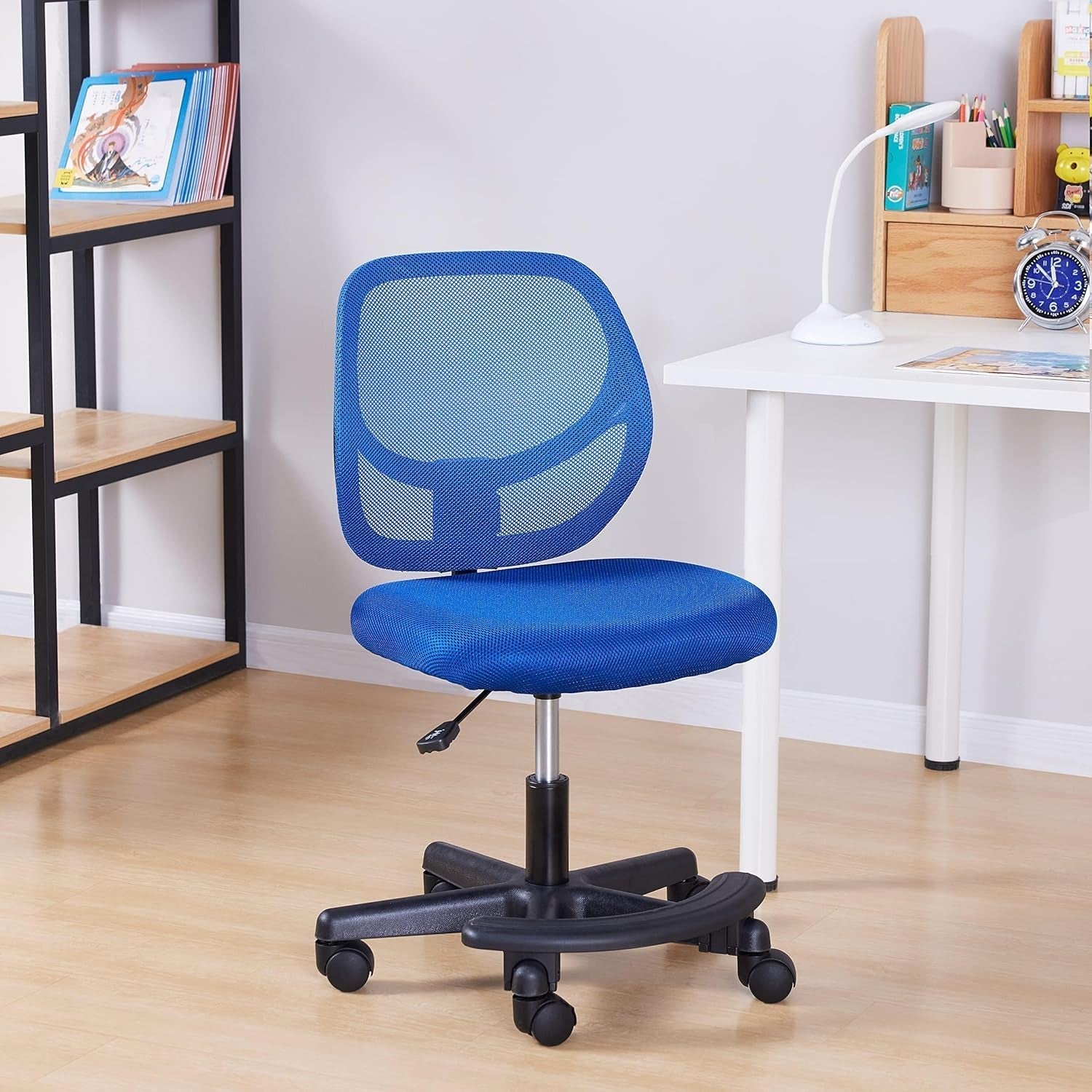 Kids Adjustable Mesh Low-Back Swivel Study Desk Chair with Footrest, Blue-1