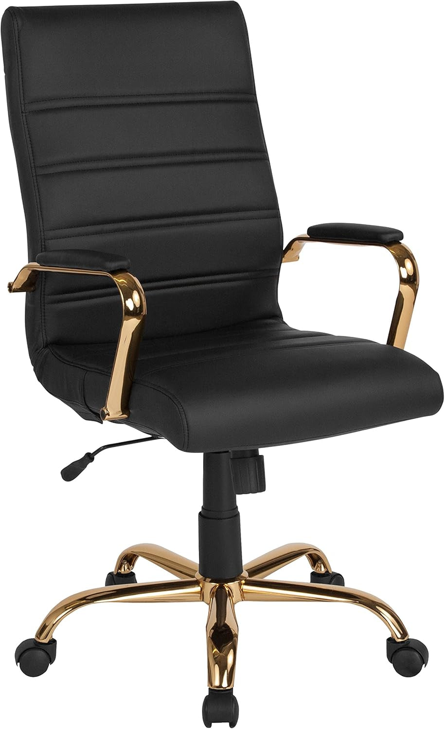 Whitney High-Back Swivel Leathersoft Desk Chair with Padded Seat and Armrests, Adjustable Height Padded Office Chair, Black/Gold-0