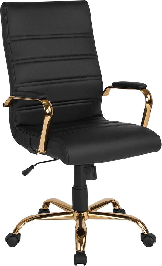 Whitney High-Back Swivel Leathersoft Desk Chair with Padded Seat and Armrests, Adjustable Height Padded Office Chair, Black/Gold-0