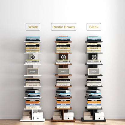 Vertical Bookshelf, 8-Tier Bookcase, Narrow Spine Book Shelf for Small Space, Corner Standing Shelf for Living Room, Office, Study, Entryway, Rustic Brown BS06BB008-3