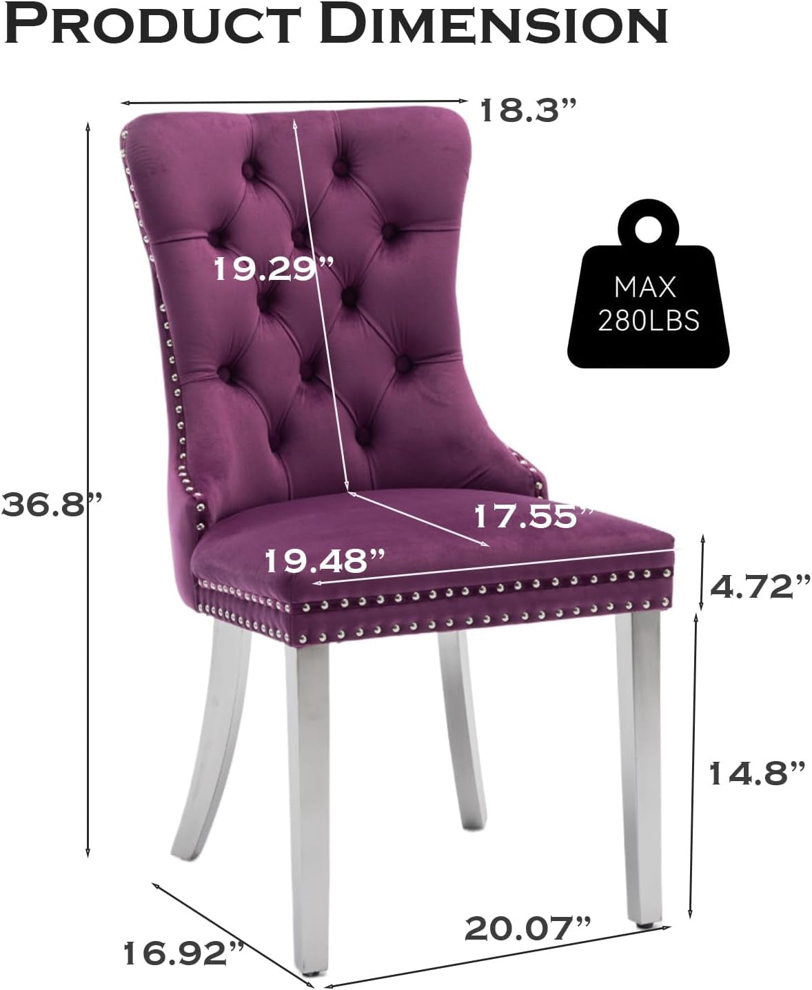 Velvet Upholstered Dining Chairs Set of 4, Modern Kitchen Side Chairs with Nailhead Trim and Silver Plated Leg, Metal Pulling Ring for Dining Room Living Room(Purple-Silver Plated Leg)-2