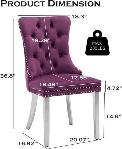 Velvet Upholstered Dining Chairs Set of 4, Modern Kitchen Side Chairs with Nailhead Trim and Silver Plated Leg, Metal Pulling Ring for Dining Room Living Room(Purple-Silver Plated Leg)-2