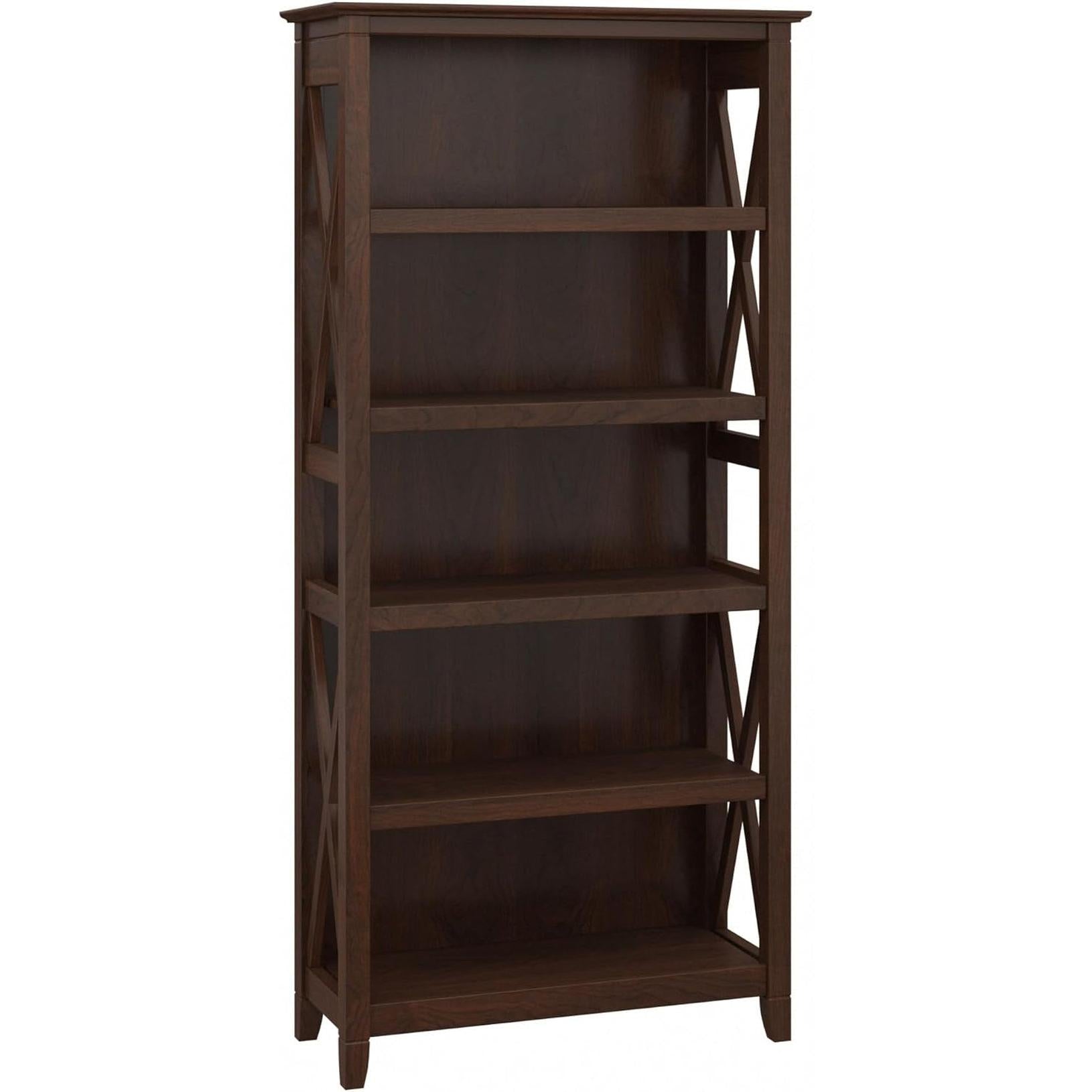 Bush Furniture Tall 5 Shelf Bookcase for Living Room or Home Office, Large Bookshelf, Modern Farmhouse Style, Key West Collection, Bing Cherry-0