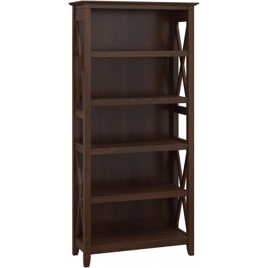 Bush Furniture Tall 5 Shelf Bookcase for Living Room or Home Office, Large Bookshelf, Modern Farmhouse Style, Key West Collection, Bing Cherry-0