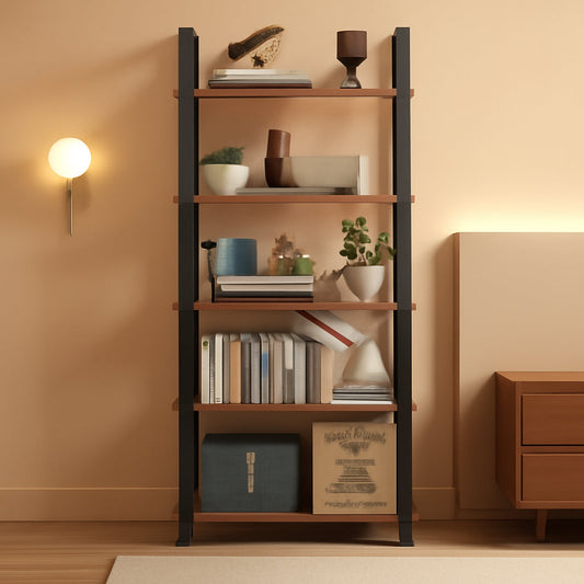 Rustic Brown Five Tier Bookshelf Narrow Space Saver-0