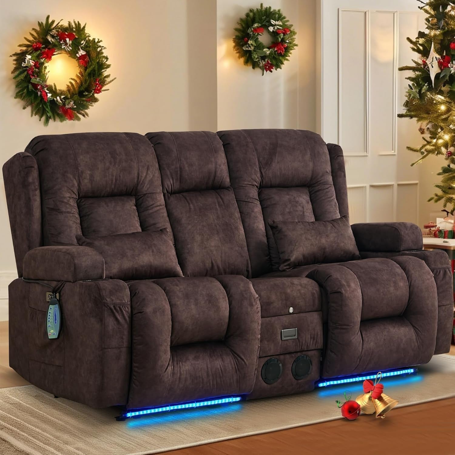 Power Loveseat Recliner Sofa with Massage & Heat Home Theater Seating with Console RV Recliner Loveseat Sofa with Usb/Outlet/Storage/Side Pocket/Led Light/Speaker (Velvet, Brown)-0