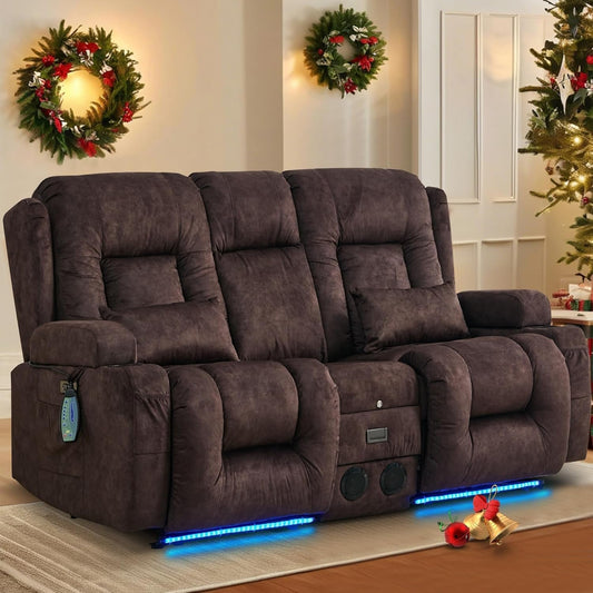 Power Loveseat Recliner Sofa with Massage & Heat Home Theater Seating with Console RV Recliner Loveseat Sofa with Usb/Outlet/Storage/Side Pocket/Led Light/Speaker (Velvet, Brown)-0