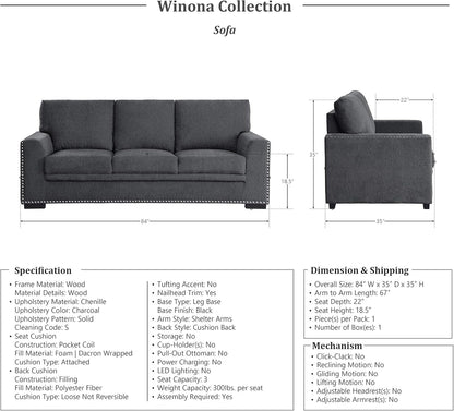 Living Room Furniture Set, Modern Couches for Living Room, Chenille Upholstered Couch Set, Including Sofa, Loveseat and Lounge Chair with Solid Wood Frame, 3-Piece Set, Charcoal-3