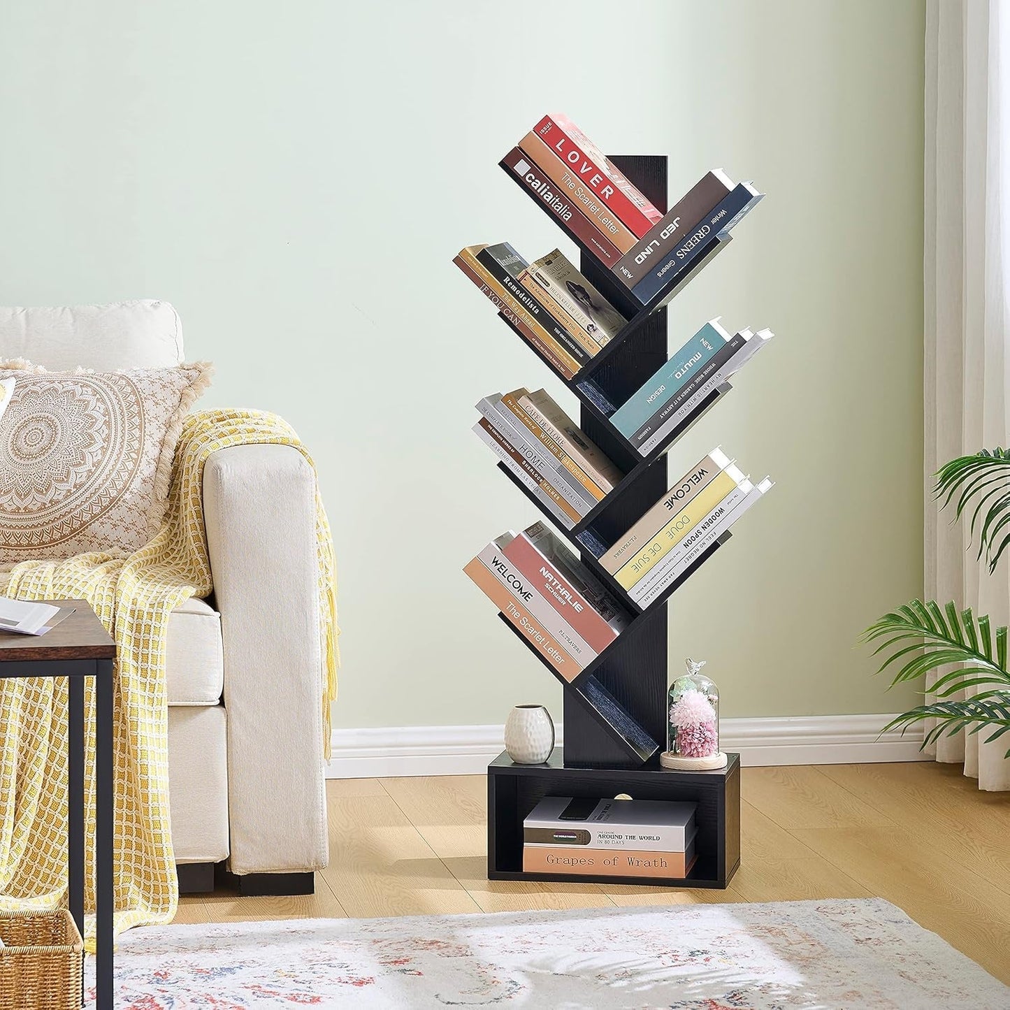 6 Tier Tree Bookshelf, Tall Bookcase with Drawer, Freestanding Book Shelf, Display Floor Standing Storage Shelf, Book Organizer Shelves for Home Office, Living Room, Bedroom, Black-3