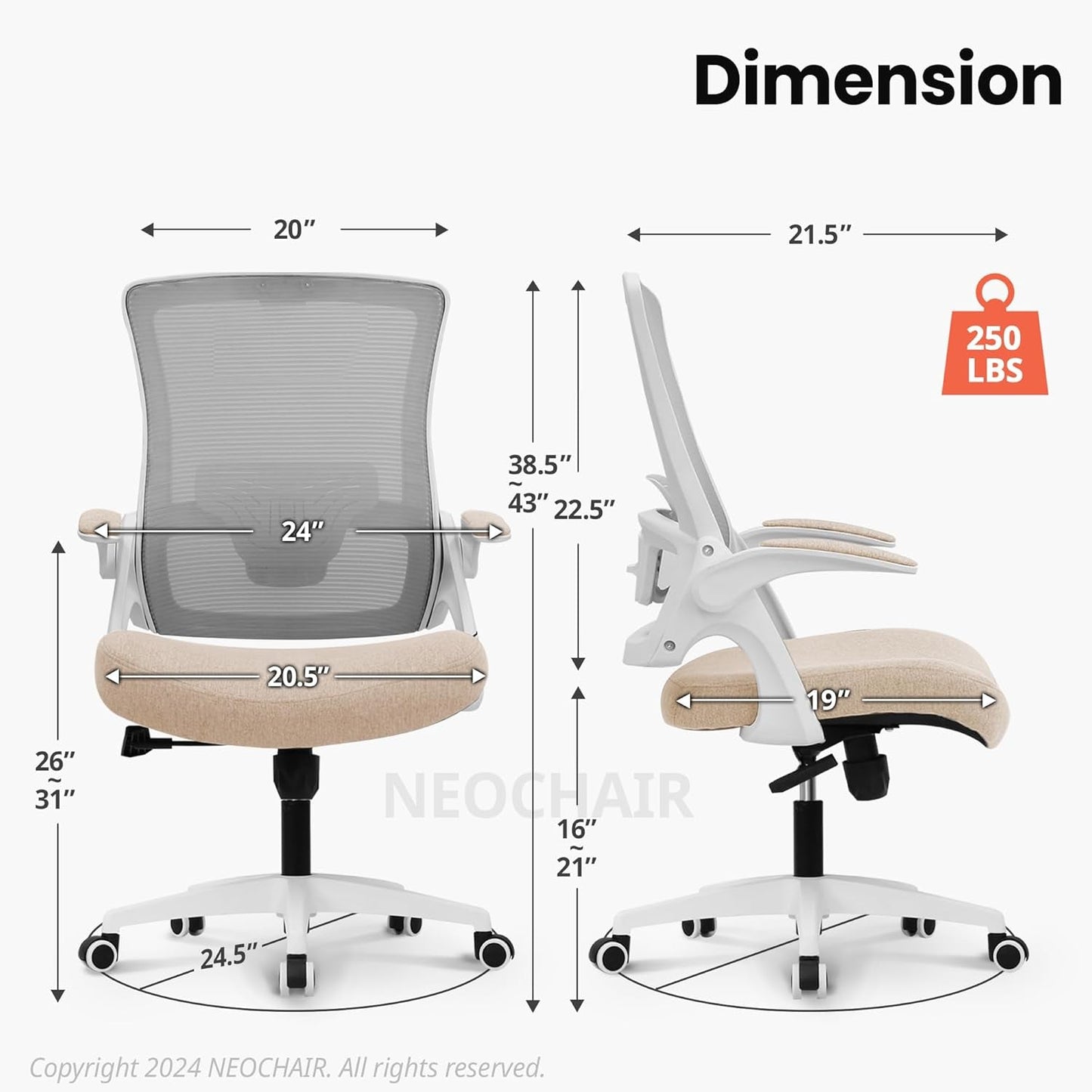 High Back Mesh Chair Adjustable Height and Ergonomic Design Home Office Computer Desk Chair Executive Lumbar Support Padded Flip-Up Armrest Swivel Chair (Beige)-1