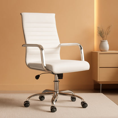 Ribbed Office Desk Chair Mid-Back PU Leather Executive Conference Task Chair Adjustable Swivel Chair with Arms (White)-0