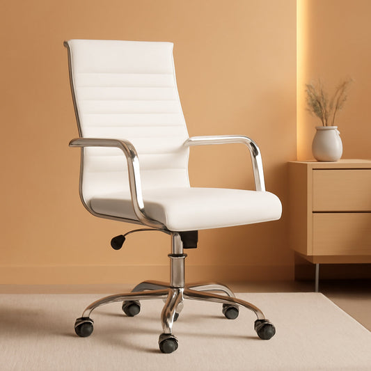 Ribbed Office Desk Chair Mid-Back PU Leather Executive Conference Task Chair Adjustable Swivel Chair with Arms (White)-0