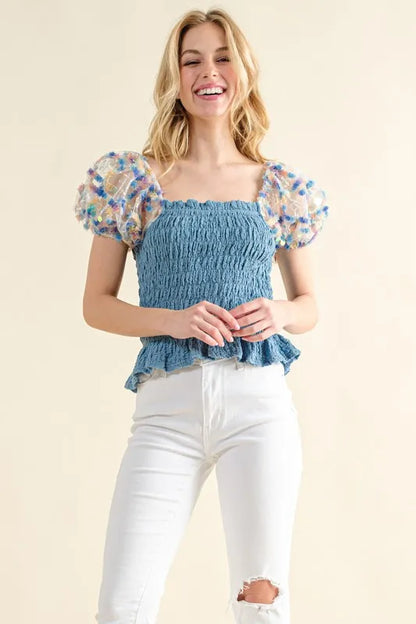 And The Why Embellishment Sleeve Smocked Top